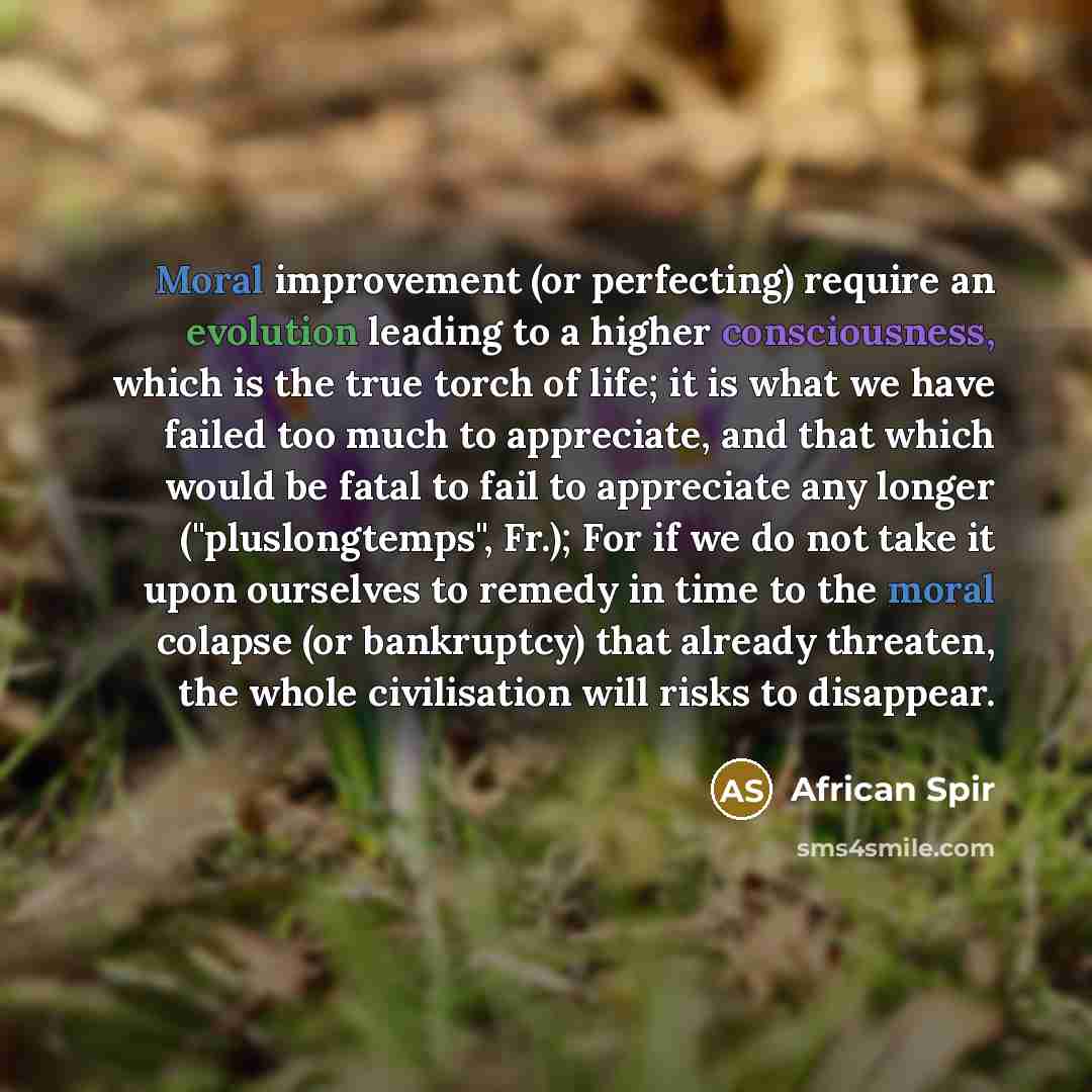 “Moral improvement (or perfecting) require an evolution leading to a higher consciousness, which is the true torch of life; it is what we have failed too much to appreciate, and that which would be fatal to fail to appreciate any longer ("pluslongtemps", Fr.); For if we do not take it upon…” quote by African Spir