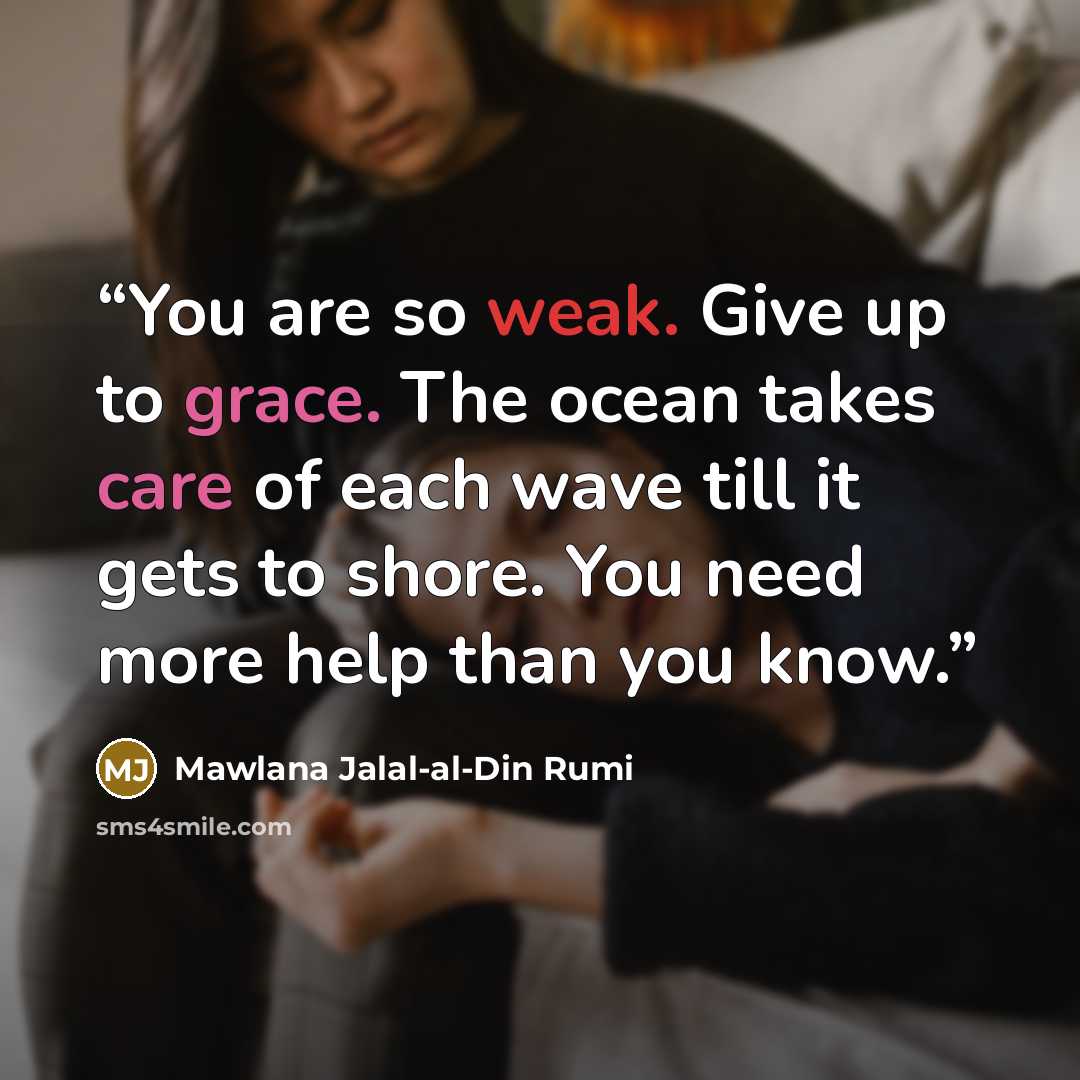 “You are so weak. Give up to grace. The ocean takes care of each wave till it gets to shore. You need more help than you know.” quote by Mawlana Jalal-al-Din Rumi