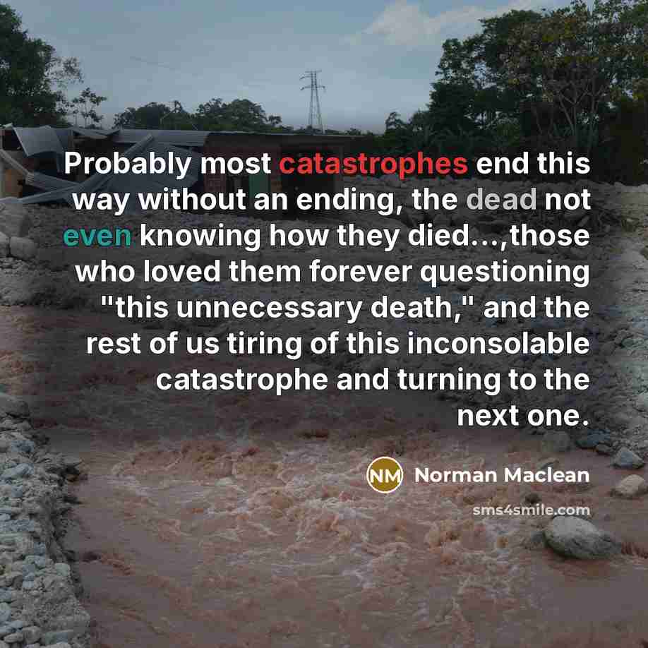 “Probably most catastrophes end this way without an ending, the dead not even knowing how they died...,those who loved them forever questioning "this unnecessary death," and the rest of us tiring of this inconsolable catastrophe and turning to the next one.” quote by Norman Maclean