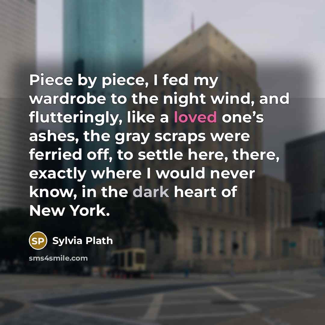 “Piece by piece, I fed my wardrobe to the night wind, and flutteringly, like a loved one’s ashes, the gray scraps were ferried off, to settle here, there, exactly where I would never know, in the dark heart of New York.” quote by Sylvia Plath