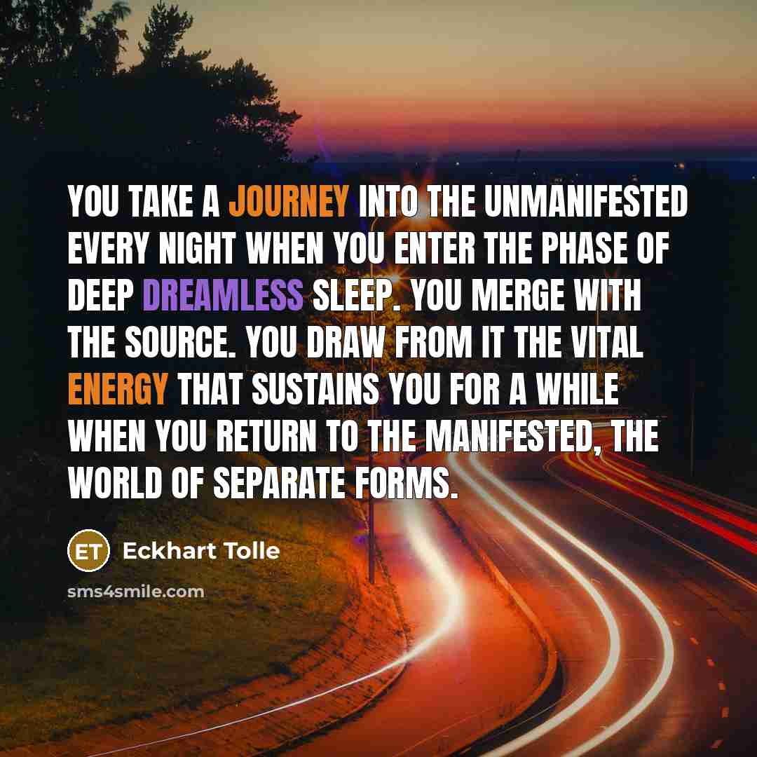 “You take a journey into the Unmanifested every night when you enter the phase of deep dreamless sleep. You merge with the Source. You draw from it the vital energy that sustains you for a while when you return to the manifested, the world of separate forms.” quote by Eckhart Tolle