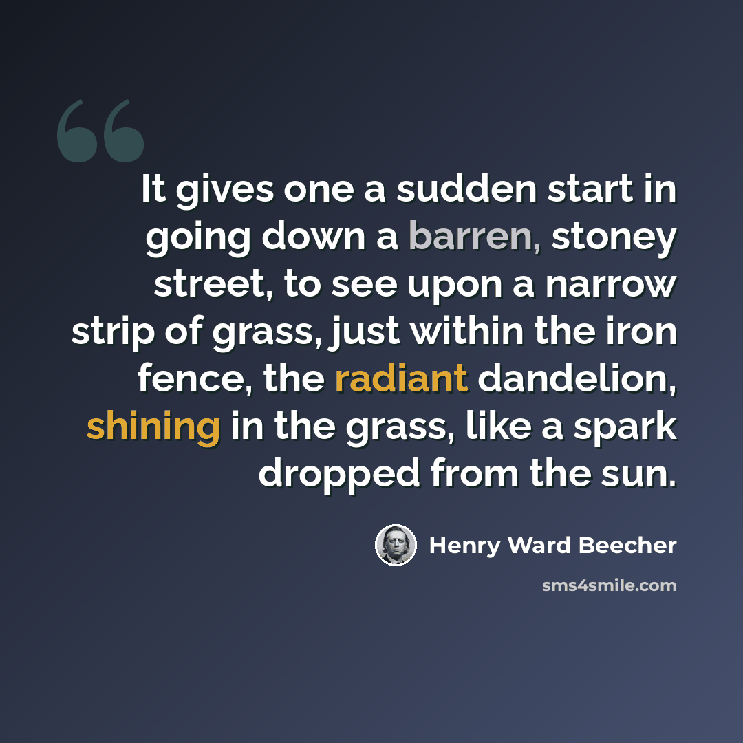 “It gives one a sudden start in going down a barren, stoney street, to see upon a narrow strip of grass, just within the iron fence, the radiant dandelion, shining in the grass, like a spark dropped from the sun.” quote by Henry Ward Beecher