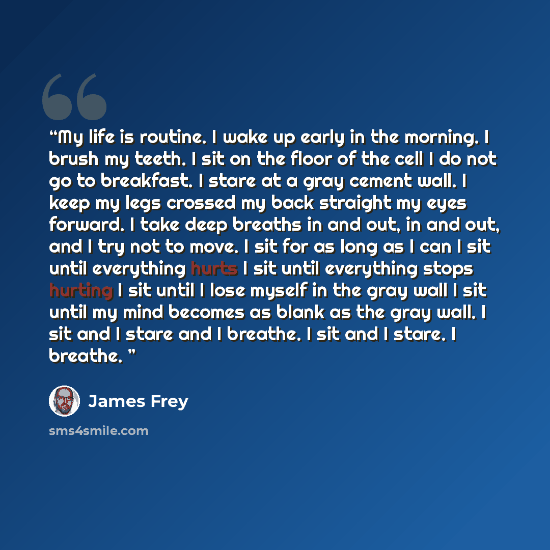 “My life is routine. I wake up early in the morning. I brush my teeth. I sit on the floor of the cell I do not go to breakfast. I stare at a gray cement wall. I keep my legs crossed my back straight my eyes forward. I take deep breaths in and out, in and out, and I try not to move. I sit for as…” quote by James Frey