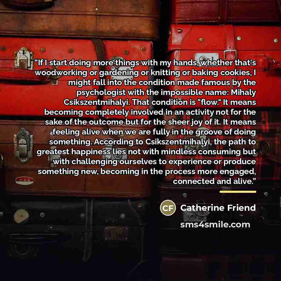 “If I start doing more things with my hands, whether that's woodworking or gardening or knitting or baking cookies, I might fall into the condition made famous by the psychologist with the impossible name: Mihaly Csikszentmihalyi. That condition is "flow." It means becoming completely involved in…” quote by Catherine Friend