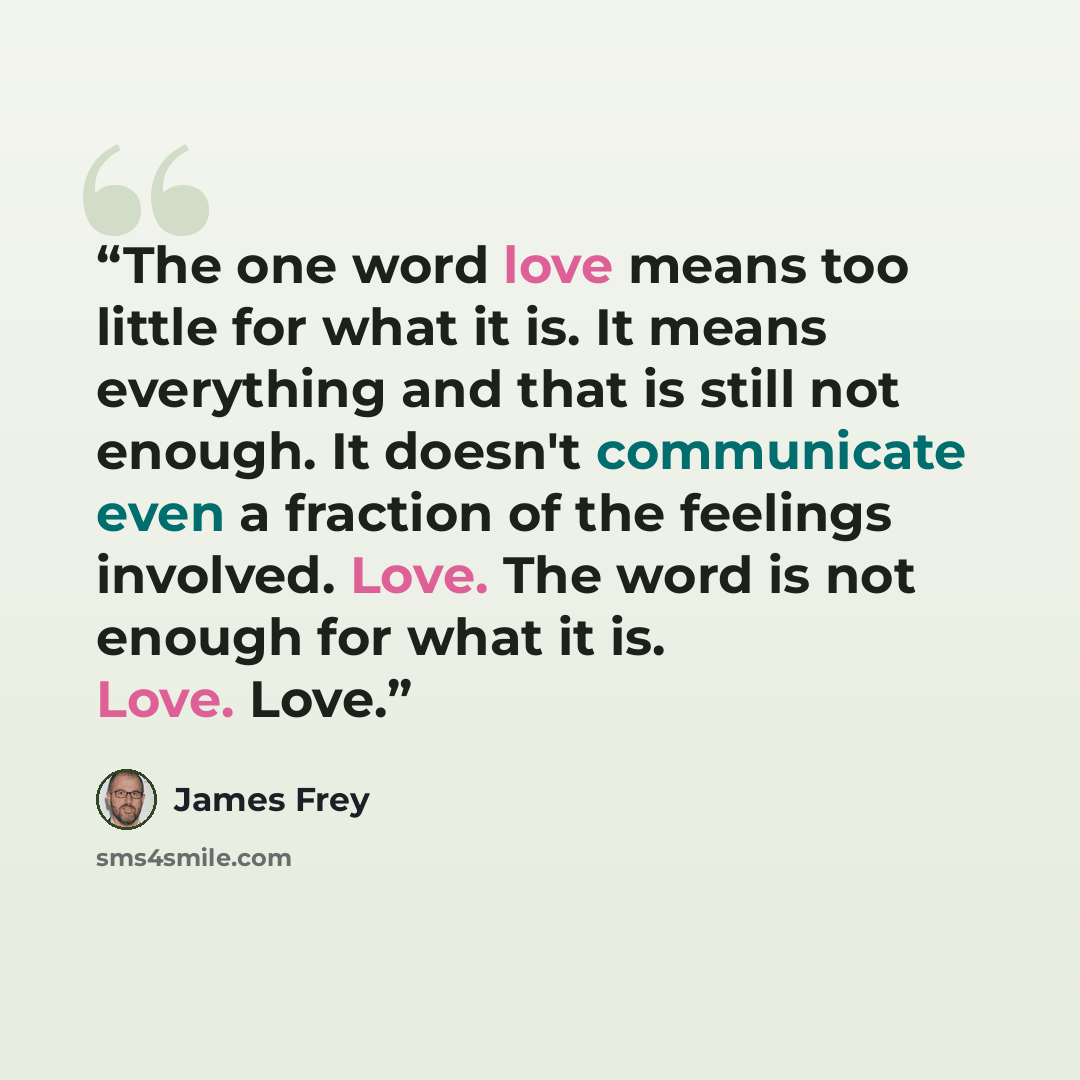 “The one word love means too little for what it is. It means everything and that is still not enough. It doesn't communicate even a fraction of the feelings involved. Love. The word is not enough for what it is. Love. Love.” quote by James Frey
