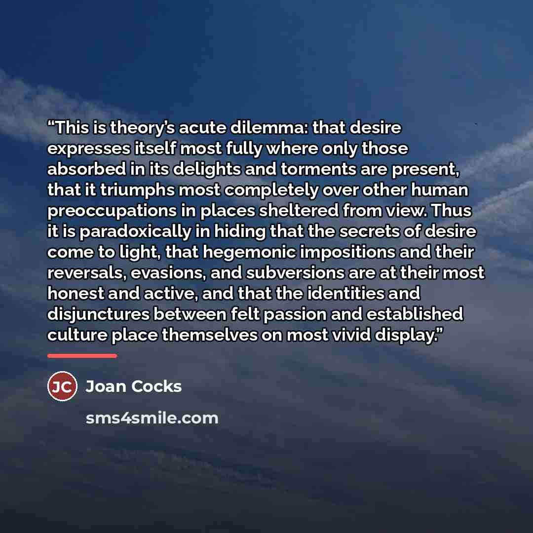“This is theory’s acute dilemma: that desire expresses itself most fully where only those absorbed in its delights and torments are present, that it triumphs most completely over other human preoccupations in places sheltered from view. Thus it is paradoxically in hiding that the secrets of desire…” quote by Joan Cocks