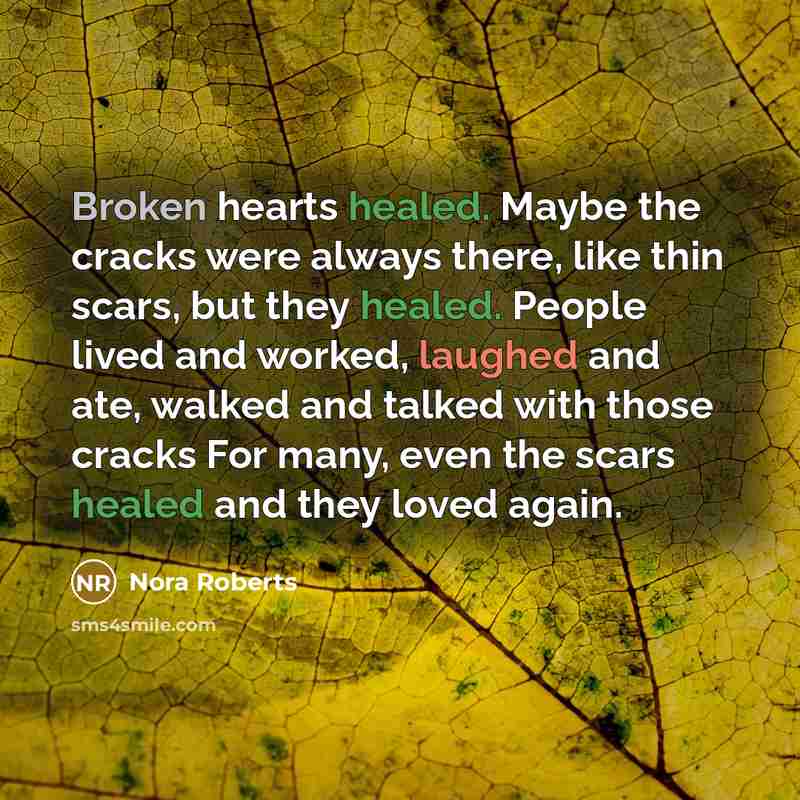 “Broken hearts healed. Maybe the cracks were always there, like thin scars, but they healed. People lived and worked, laughed and ate, walked and talked with those cracks For many, even the scars healed and they loved again.” quote by Nora Roberts