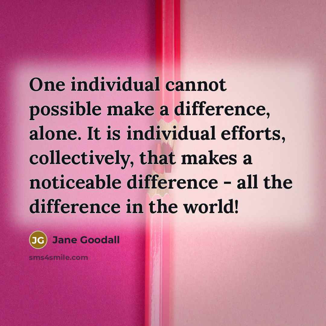 “One individual cannot possible make a difference, alone. It is individual efforts, collectively, that makes a noticeable difference - all the difference in the world!” quote by Jane Goodall
