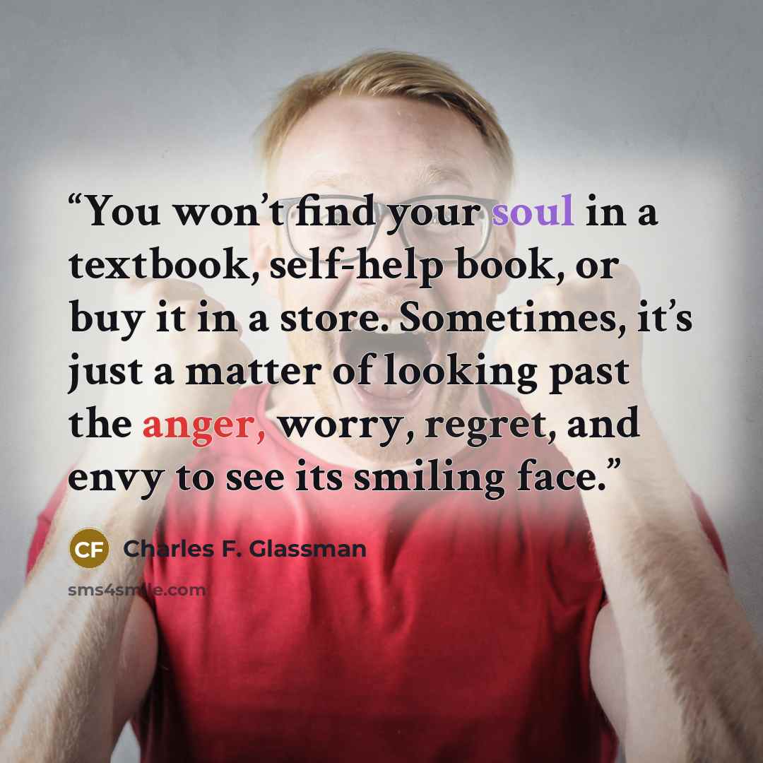 “You won’t find your soul in a textbook, self-help book, or buy it in a store. Sometimes, it’s just a matter of looking past the anger, worry, regret, and envy to see its smiling face.” quote by Charles F. Glassman