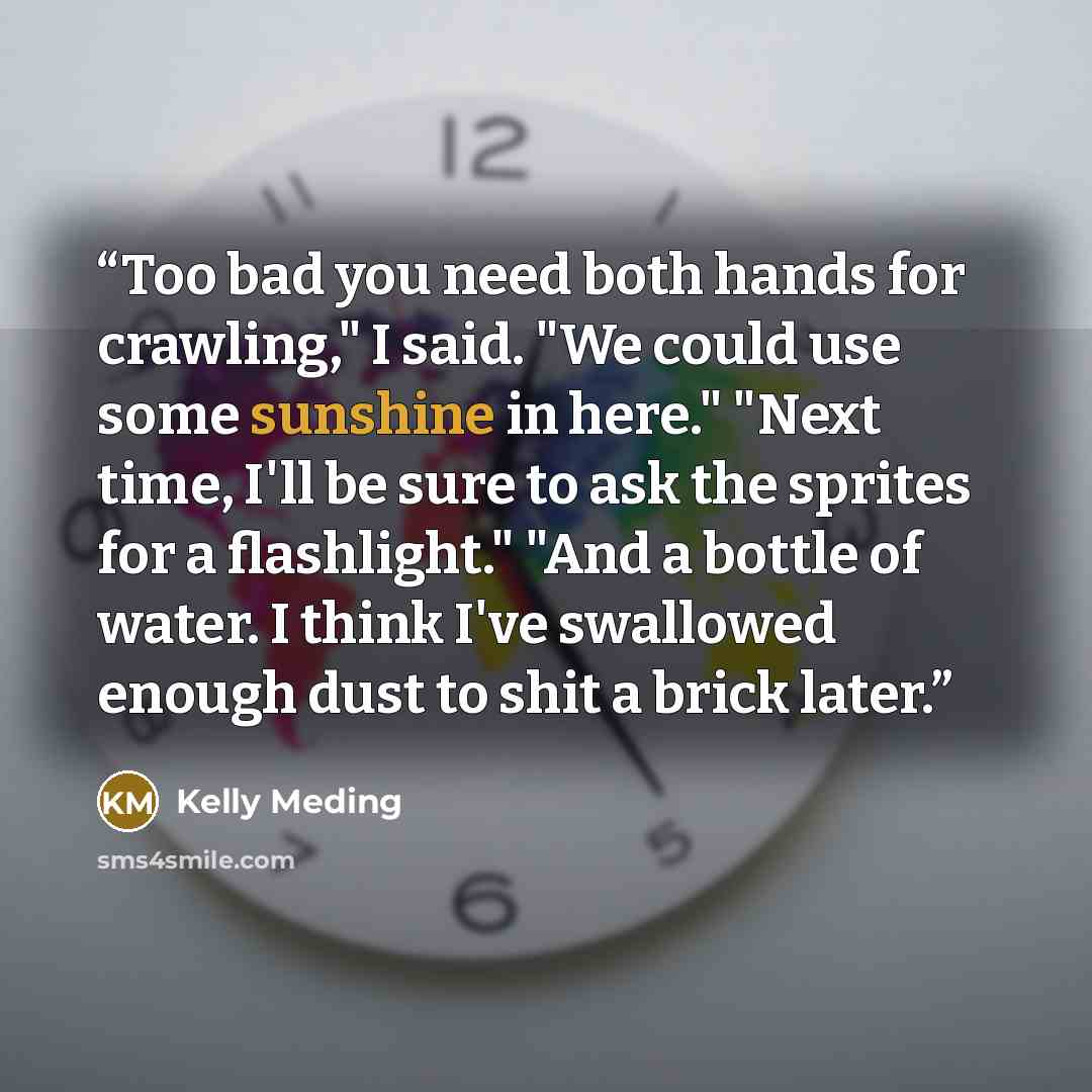 “Too bad you need both hands for crawling," I said. "We could use some sunshine in here." "Next time, I'll be sure to ask the sprites for a flashlight." "And a bottle of water. I think I've swallowed enough dust to shit a brick later.” quote by Kelly Meding