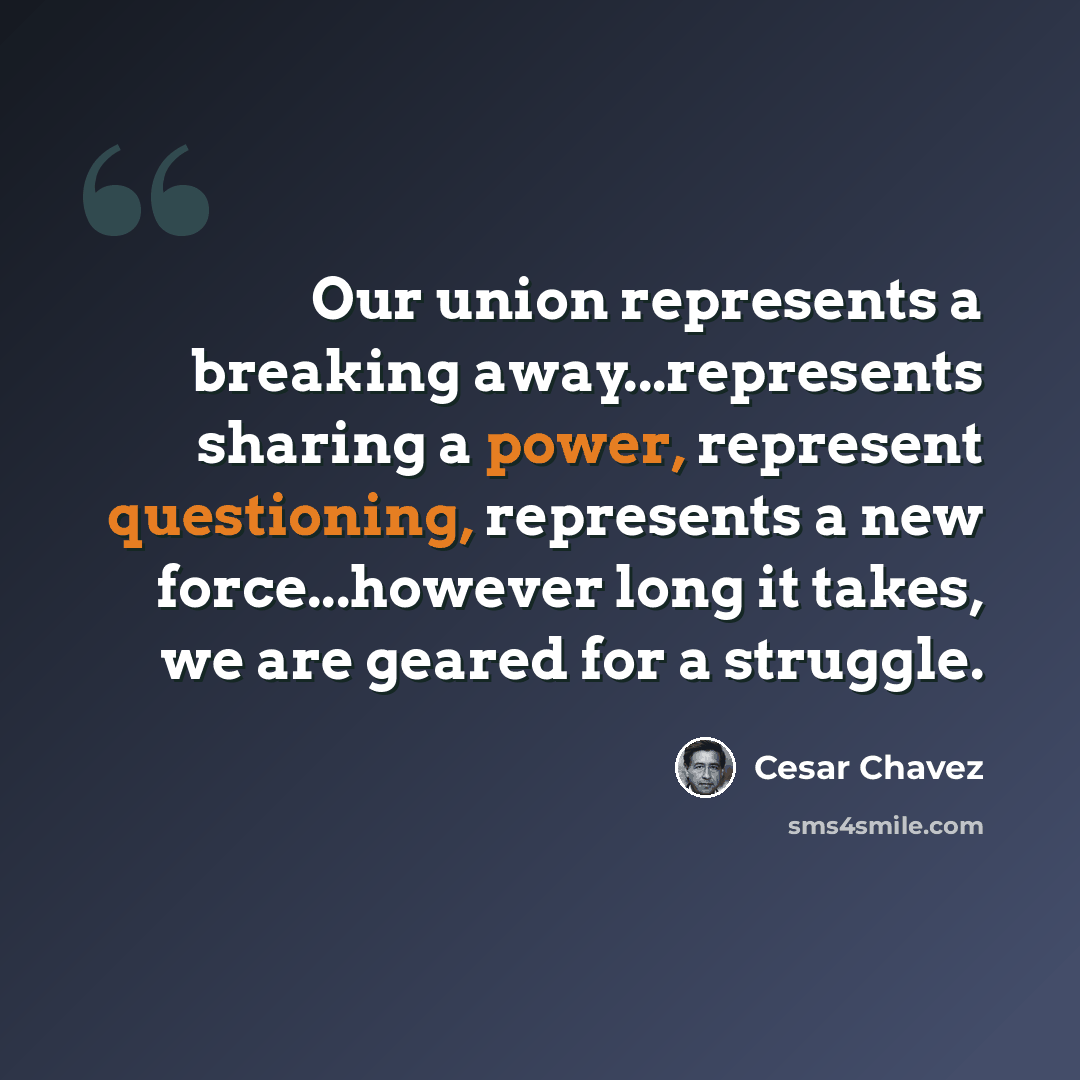 “Our union represents a breaking away...represents sharing a power, represent questioning, represents a new force...however long it takes, we are geared for a struggle.” quote by Cesar Chavez