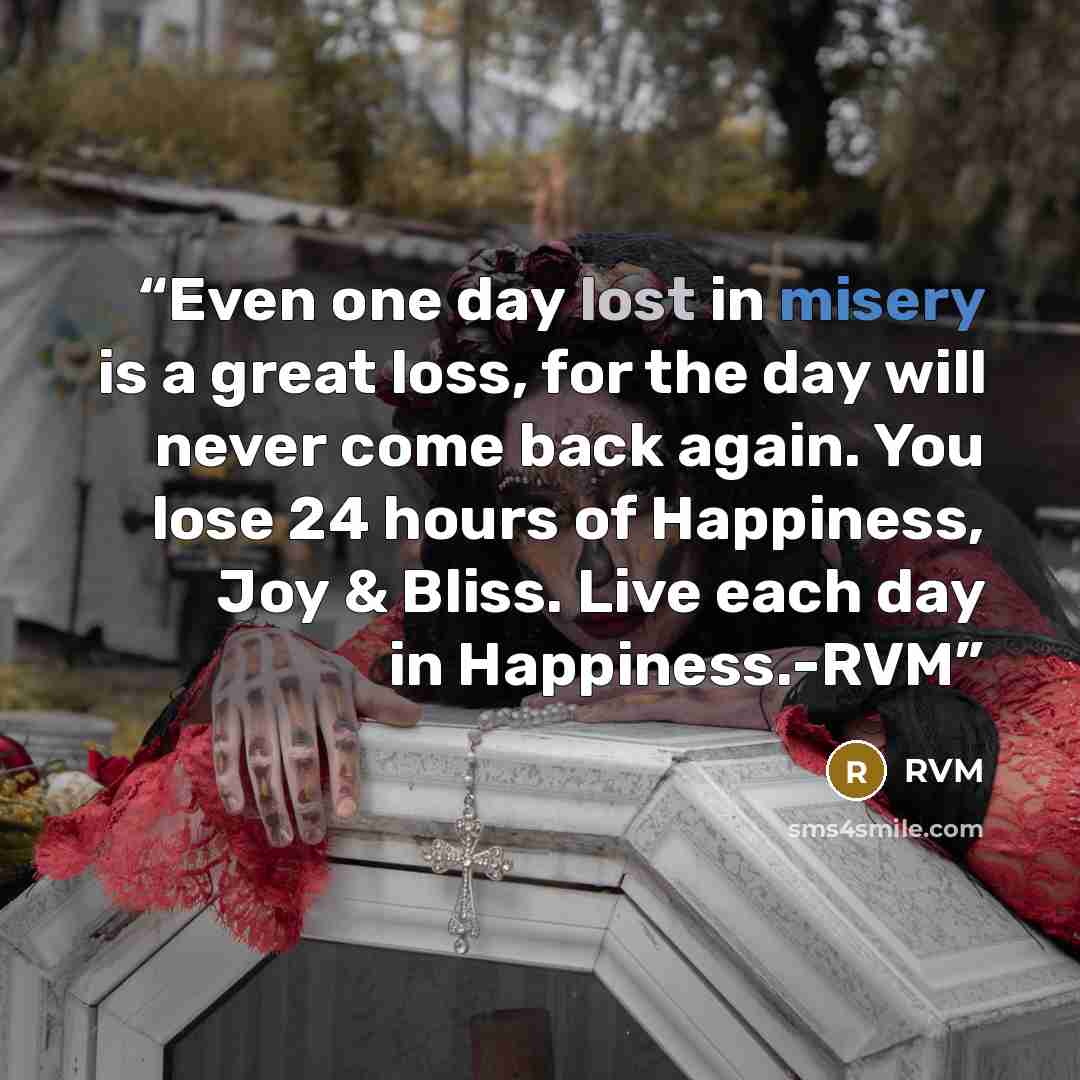 “Even one day lost in misery is a great loss, for the day will never come back again. You lose 24 hours of Happiness, Joy & Bliss. Live each day in Happiness.-RVM” quote by RVM