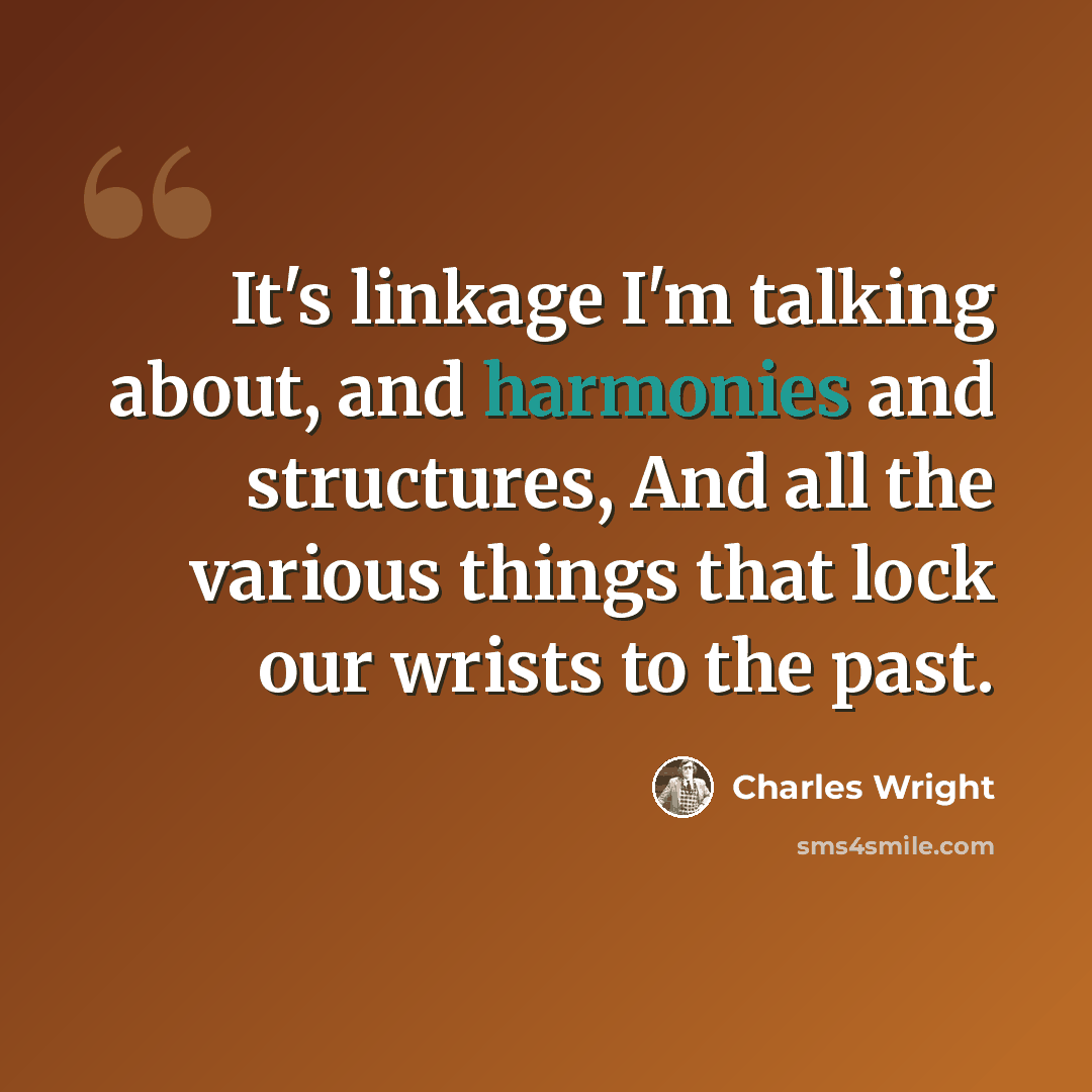 “It's linkage I'm talking about, and harmonies and structures, And all the various things that lock our wrists to the past.” quote by Charles Wright
