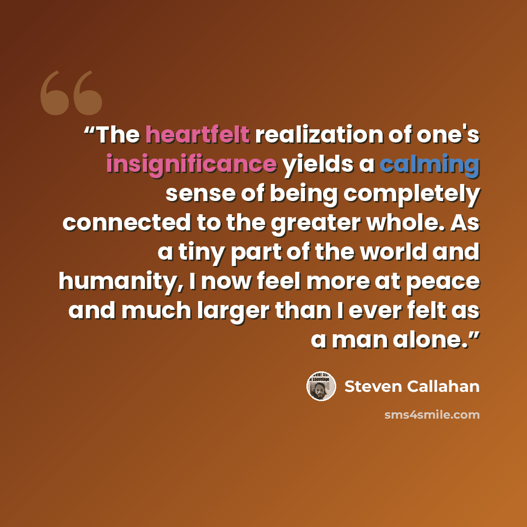 “The heartfelt realization of one's insignificance yields a calming sense of being completely connected to the greater whole. As a tiny part of the world and humanity, I now feel more at peace and much larger than I ever felt as a man alone.” quote by Steven Callahan