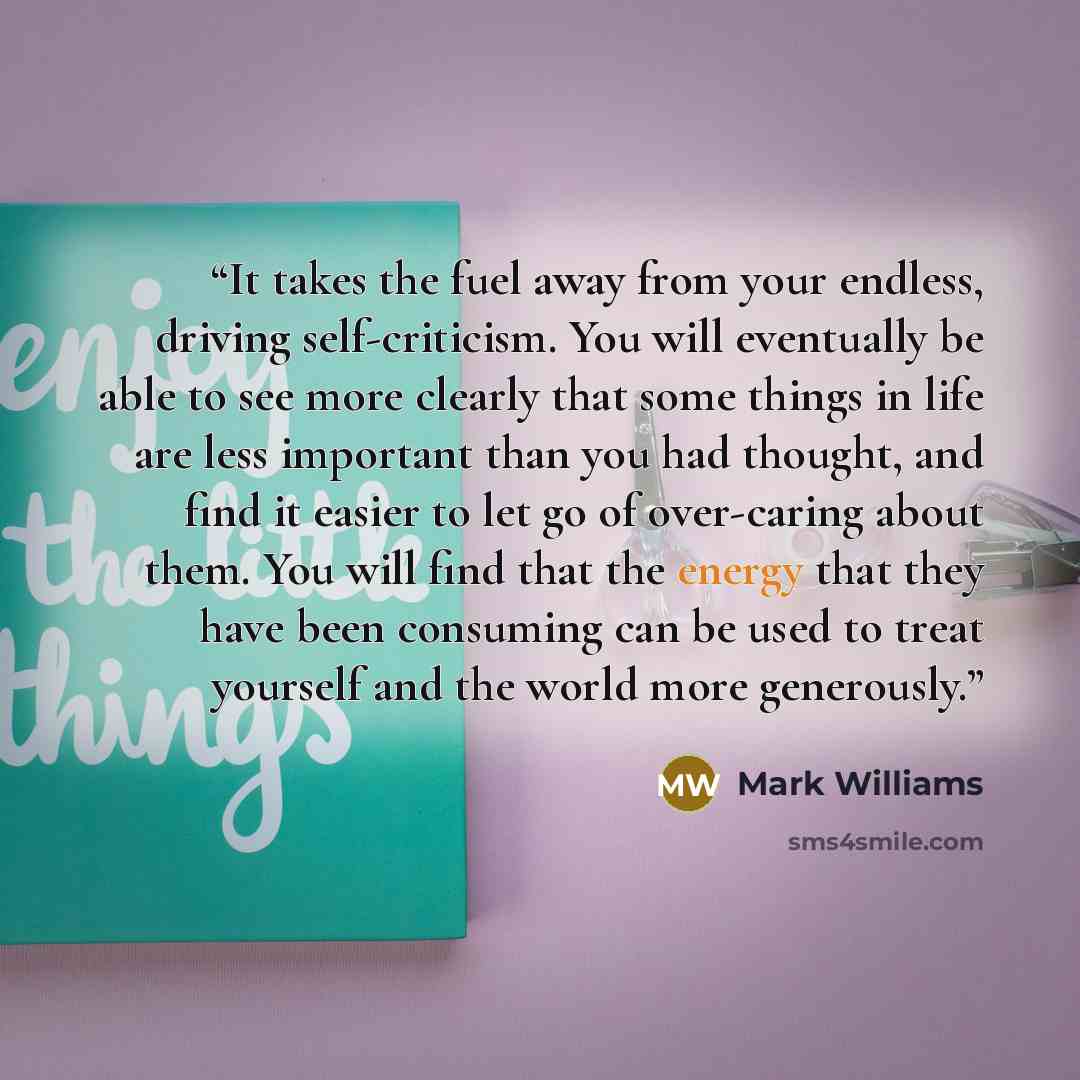“It takes the fuel away from your endless, driving self-criticism. You will eventually be able to see more clearly that some things in life are less important than you had thought, and find it easier to let go of over-caring about them. You will find that the energy that they have been consuming…” quote by Mark Williams