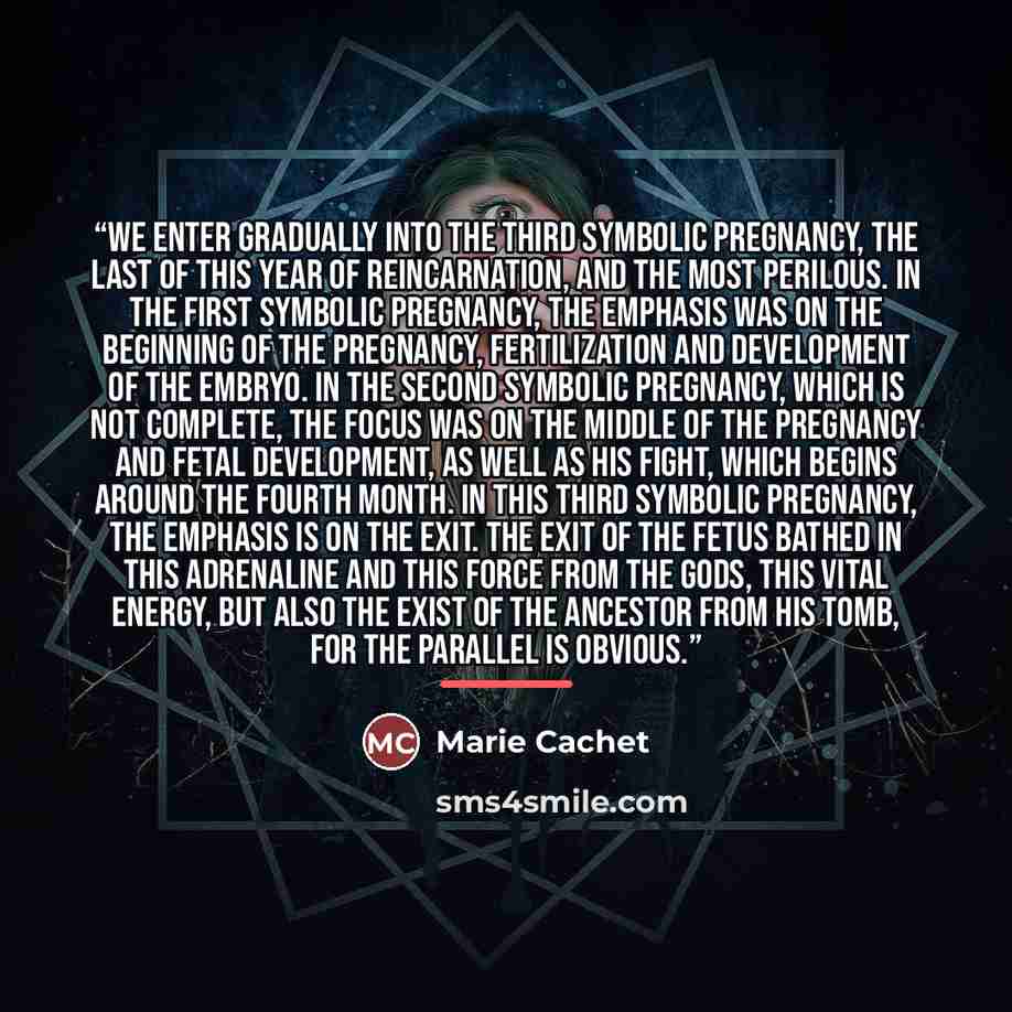 “We enter gradually into the third symbolic pregnancy, the last of this year of reincarnation, and the most perilous. In the first symbolic pregnancy, the emphasis was on the beginning of the pregnancy, fertilization and development of the embryo. In the second symbolic pregnancy, which is not…” quote by Marie Cachet
