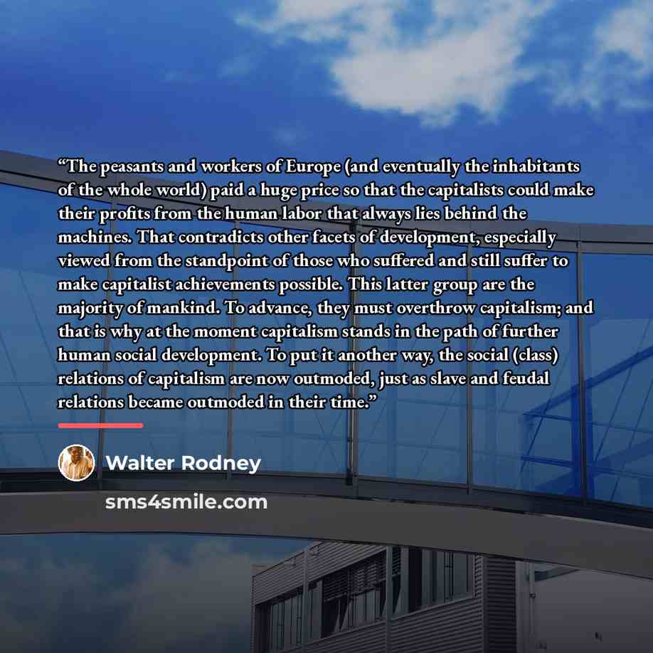 “The peasants and workers of Europe (and eventually the inhabitants of the whole world) paid a huge price so that the capitalists could make their profits from the human labor that always lies behind the machines. That contradicts other facets of development, especially viewed from the standpoint…” quote by Walter Rodney