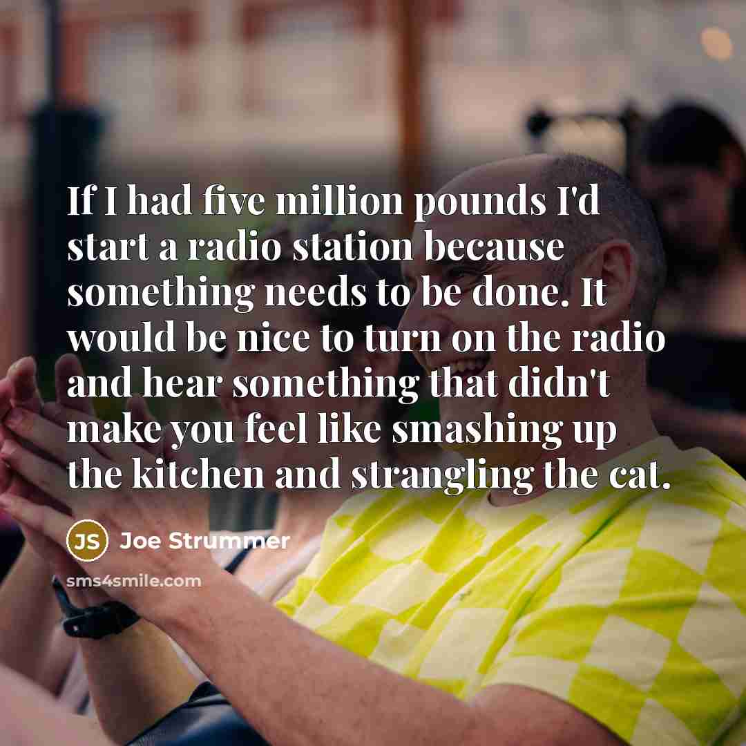 “If I had five million pounds I'd start a radio station because something needs to be done. It would be nice to turn on the radio and hear something that didn't make you feel like smashing up the kitchen and strangling the cat.” quote by Joe Strummer