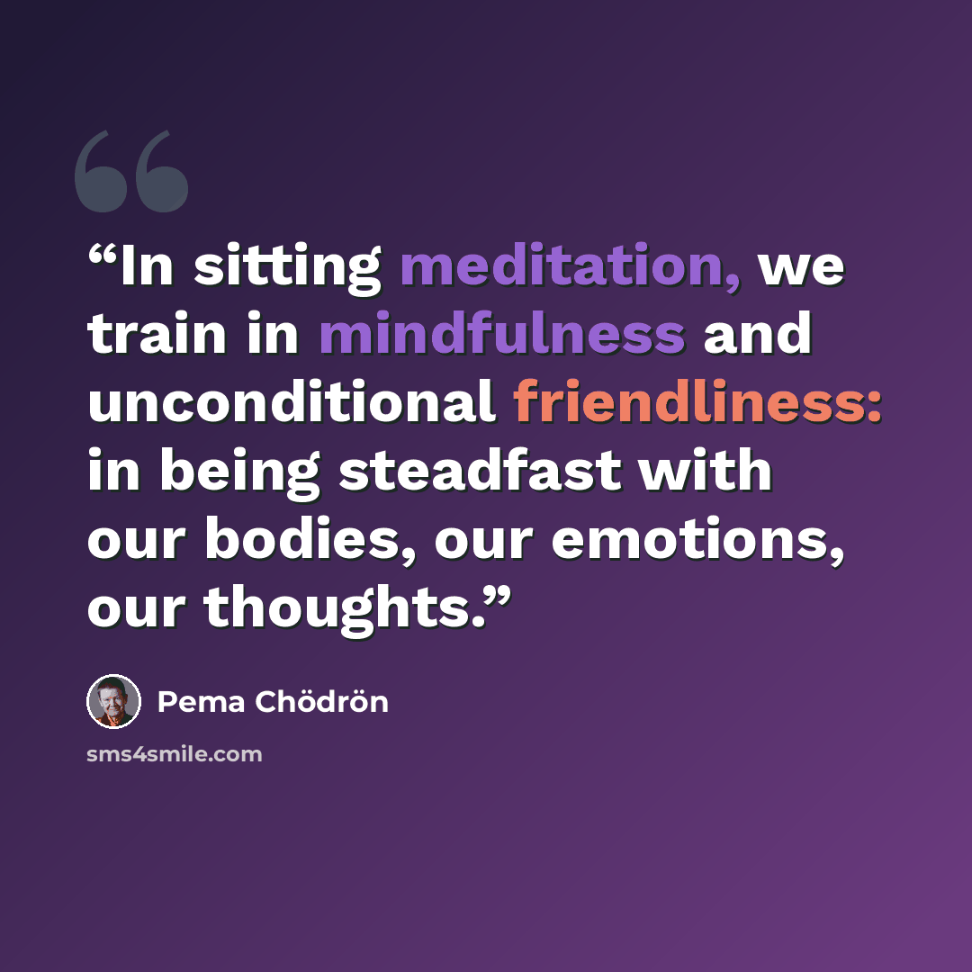 “In sitting meditation, we train in mindfulness and unconditional friendliness: in being steadfast with our bodies, our emotions, our thoughts.” quote by Pema Chödrön