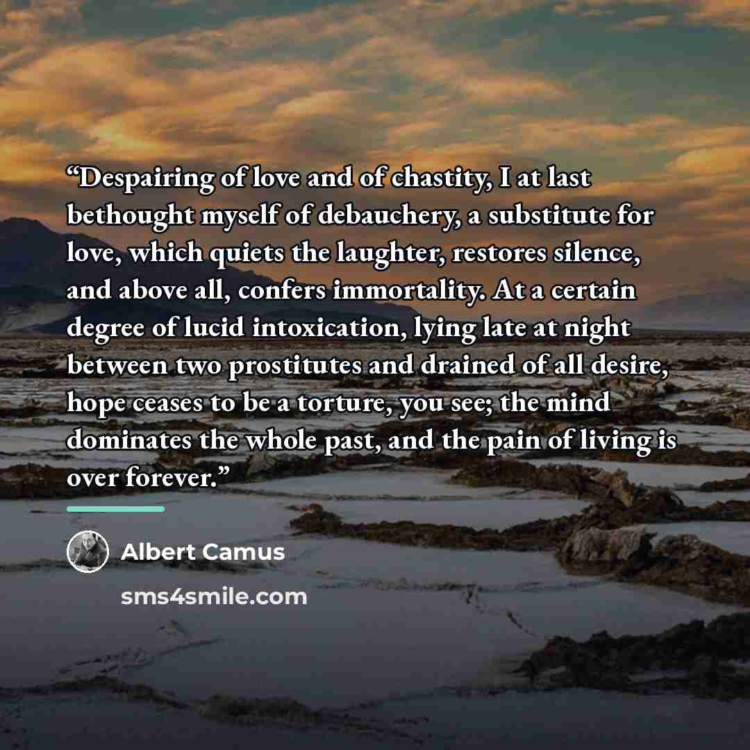 “Despairing of love and of chastity, I at last bethought myself of debauchery, a substitute for love, which quiets the laughter, restores silence, and above all, confers immortality. At a certain degree of lucid intoxication, lying late at night between two prostitutes and drained of all desire…” quote by Albert Camus