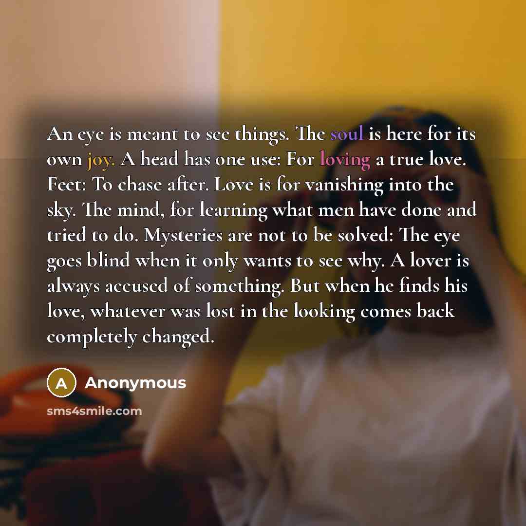 “An eye is meant to see things. The soul is here for its own joy. A head has one use: For loving a true love. Feet: To chase after. Love is for vanishing into the sky. The mind, for learning what men have done and tried to do. Mysteries are not to be solved: The eye goes blind when it only wants to…” quote by Anonymous