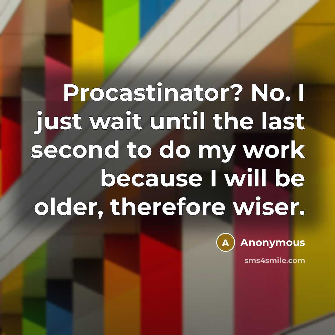 “Procastinator? No. I just wait until the last second to do my work because I will be older, therefore wiser.” quote by Anonymous