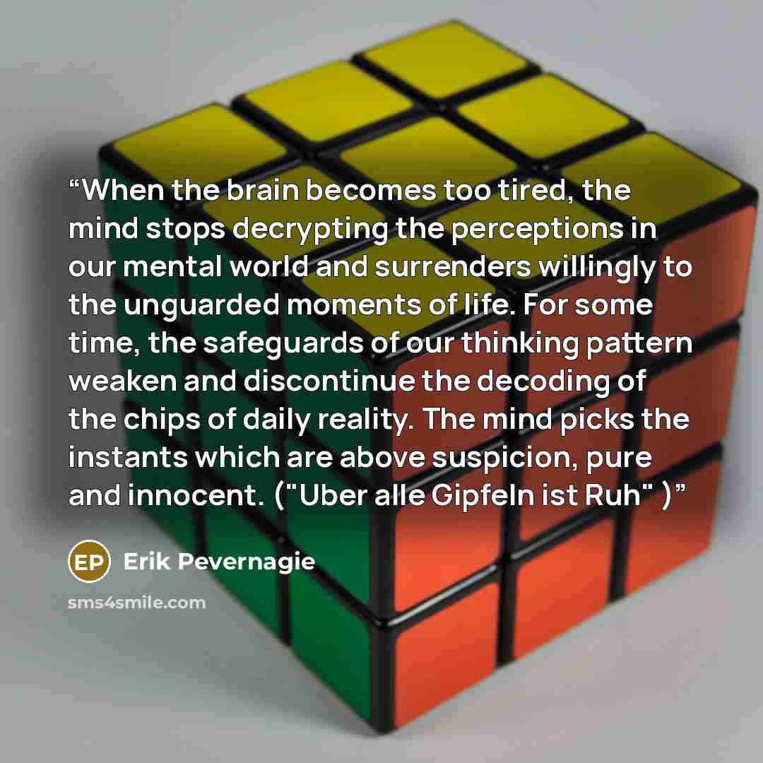 “When the brain becomes too tired, the mind stops decrypting the perceptions in our mental world and surrenders willingly to the unguarded moments of life. For some time, the safeguards of our thinking pattern weaken and discontinue the decoding of the chips of daily reality. The mind picks the…” quote by Erik Pevernagie