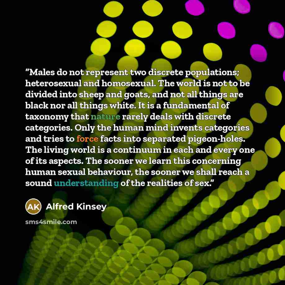 “Males do not represent two discrete populations; heterosexual and homosexual. The world is not to be divided into sheep and goats, and not all things are black nor all things white. It is a fundamental of taxonomy that nature rarely deals with discrete categories. Only the human mind invents…” quote by Alfred Kinsey