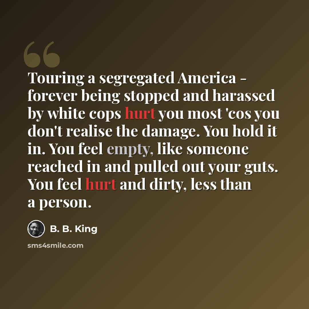 “Touring a segregated America - forever being stopped and harassed by white cops hurt you most 'cos you don't realise the damage. You hold it in. You feel empty, like someone reached in and pulled out your guts. You feel hurt and dirty, less than a person.” quote by B. B. King