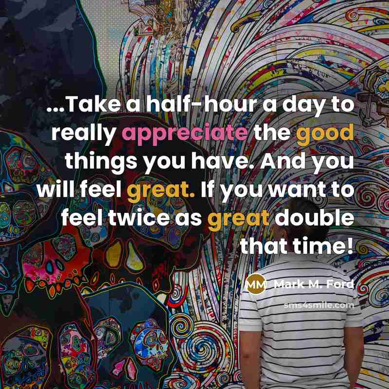 “...Take a half-hour a day to really appreciate the good things you have. And you will feel great. If you want to feel twice as great double that time!” quote by Mark M. Ford
