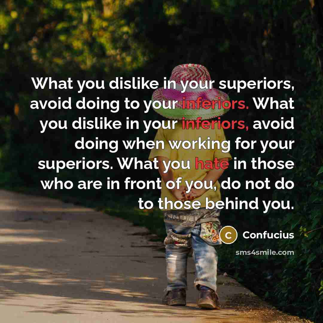 “What you dislike in your superiors, avoid doing to your inferiors. What you dislike in your inferiors, avoid doing when working for your superiors. What you hate in those who are in front of you, do not do to those behind you.” quote by Confucius