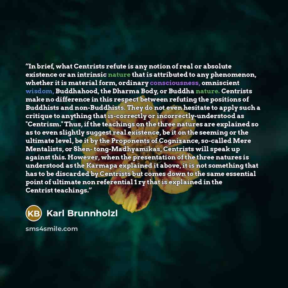 “In brief, what Centrists refute is any notion of real or absolute existence or an intrinsic nature that is attributed to any phenomenon, whether it is material form, ordinary consciousness, omniscient wisdom, Buddhahood, the Dharma Body, or Buddha nature. Centrists make no difference in this…” quote by Karl Brunnholzl