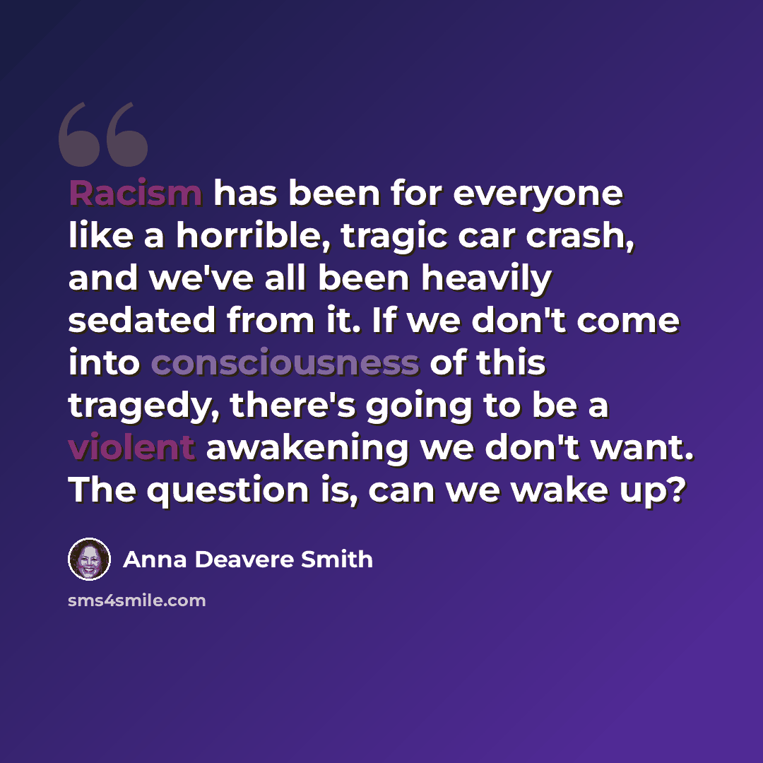 “Racism has been for everyone like a horrible, tragic car crash, and we've all been heavily sedated from it. If we don't come into consciousness of this tragedy, there's going to be a violent awakening we don't want. The question is, can we wake up?” quote by Anna Deavere Smith