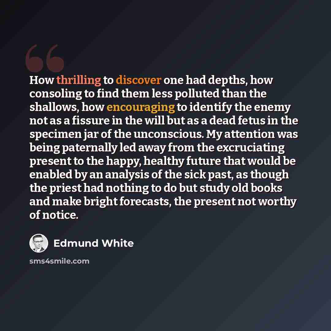 “How thrilling to discover one had depths, how consoling to find them less polluted than the shallows, how encouraging to identify the enemy not as a fissure in the will but as a dead fetus in the specimen jar of the unconscious. My attention was being paternally led away from the excruciating…” quote by Edmund White