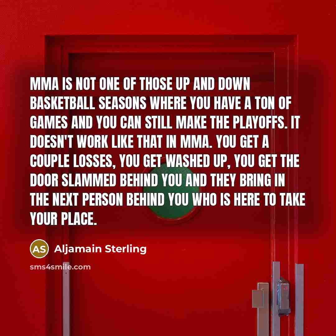 “MMA is not one of those up and down basketball seasons where you have a ton of games and you can still make the playoffs. It doesn't work like that in MMA. You get a couple losses, you get washed up, you get the door slammed behind you and they bring in the next person behind you who is here to…” quote by Aljamain Sterling