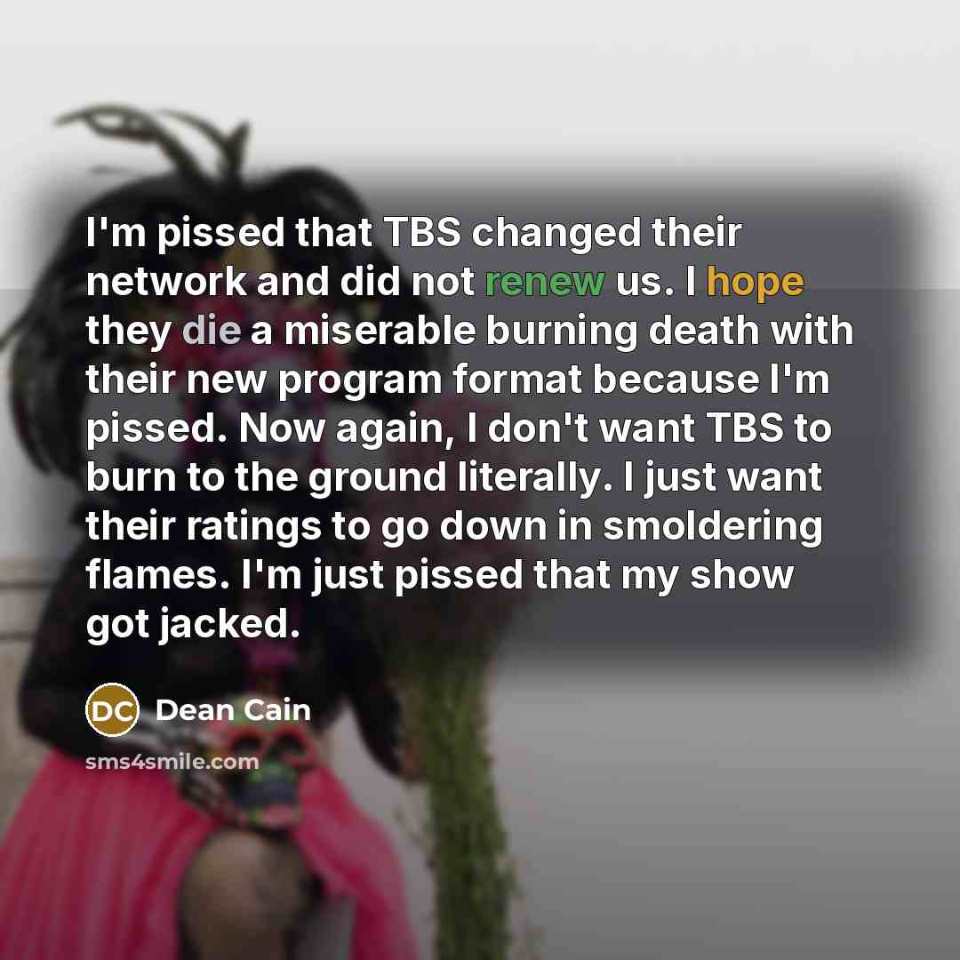 “I'm pissed that TBS changed their network and did not renew us. I hope they die a miserable burning death with their new program format because I'm pissed. Now again, I don't want TBS to burn to the ground literally. I just want their ratings to go down in smoldering flames. I'm just pissed that…” quote by Dean Cain
