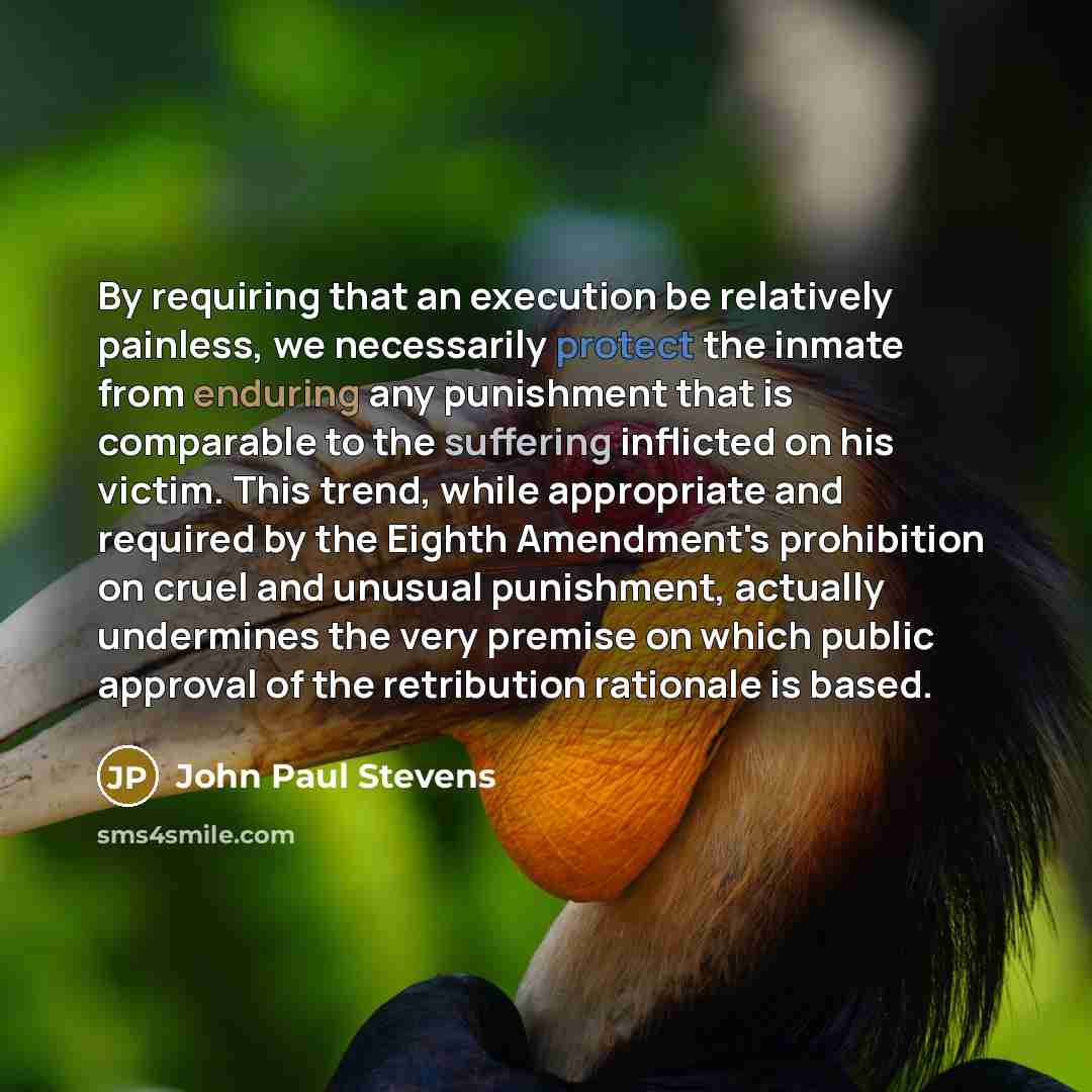 “By requiring that an execution be relatively painless, we necessarily protect the inmate from enduring any punishment that is comparable to the suffering inflicted on his victim. This trend, while appropriate and required by the Eighth Amendment's prohibition on cruel and unusual punishment…” quote by John Paul Stevens