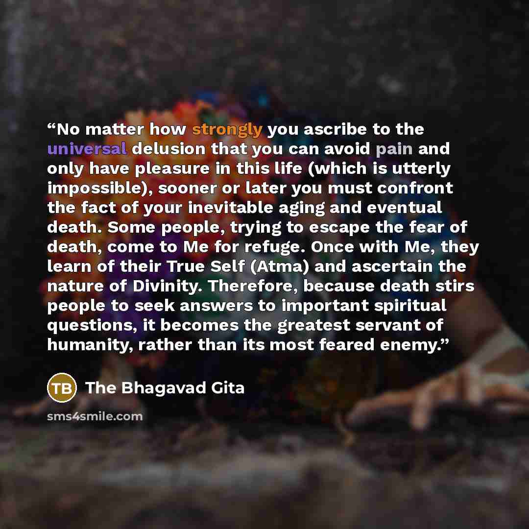 “No matter how strongly you ascribe to the universal delusion that you can avoid pain and only have pleasure in this life (which is utterly impossible), sooner or later you must confront the fact of your inevitable aging and eventual death. Some people, trying to escape the fear of death, come to…” quote by The Bhagavad Gita