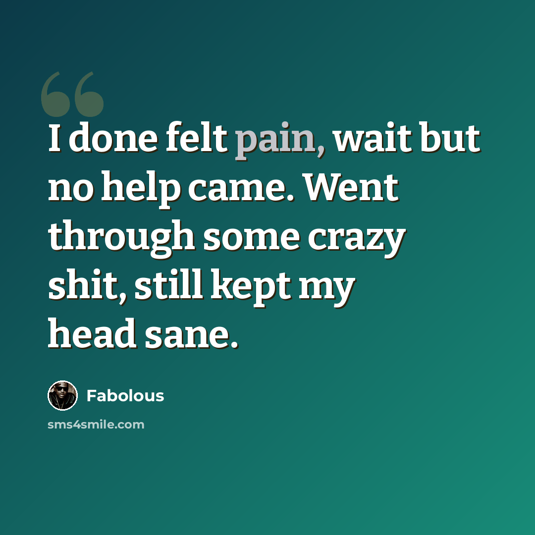 “I done felt pain, wait but no help came. Went through some crazy shit, still kept my head sane.” quote by Fabolous