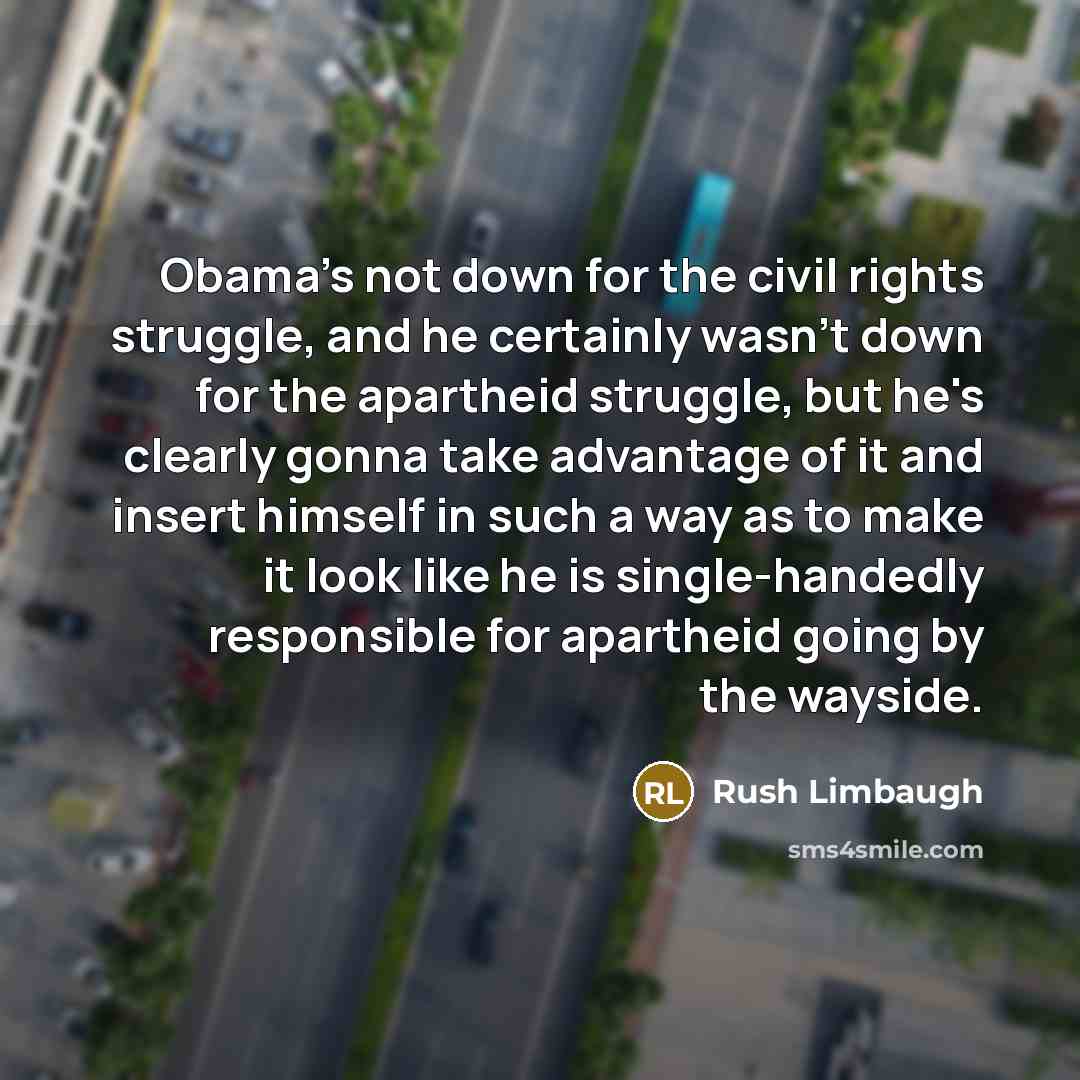 “Obama's not down for the civil rights struggle, and he certainly wasn't down for the apartheid struggle, but he's clearly gonna take advantage of it and insert himself in such a way as to make it look like he is single-handedly responsible for apartheid going by the wayside.” quote by Rush Limbaugh