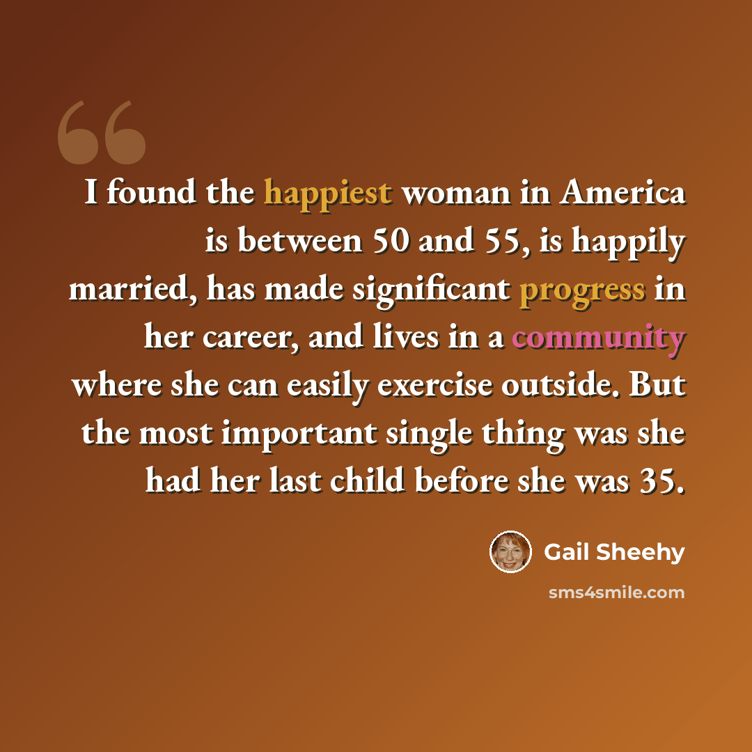 “I found the happiest woman in America is between 50 and 55, is happily married, has made significant progress in her career, and lives in a community where she can easily exercise outside. But the most important single thing was she had her last child before she was 35.” quote by Gail Sheehy
