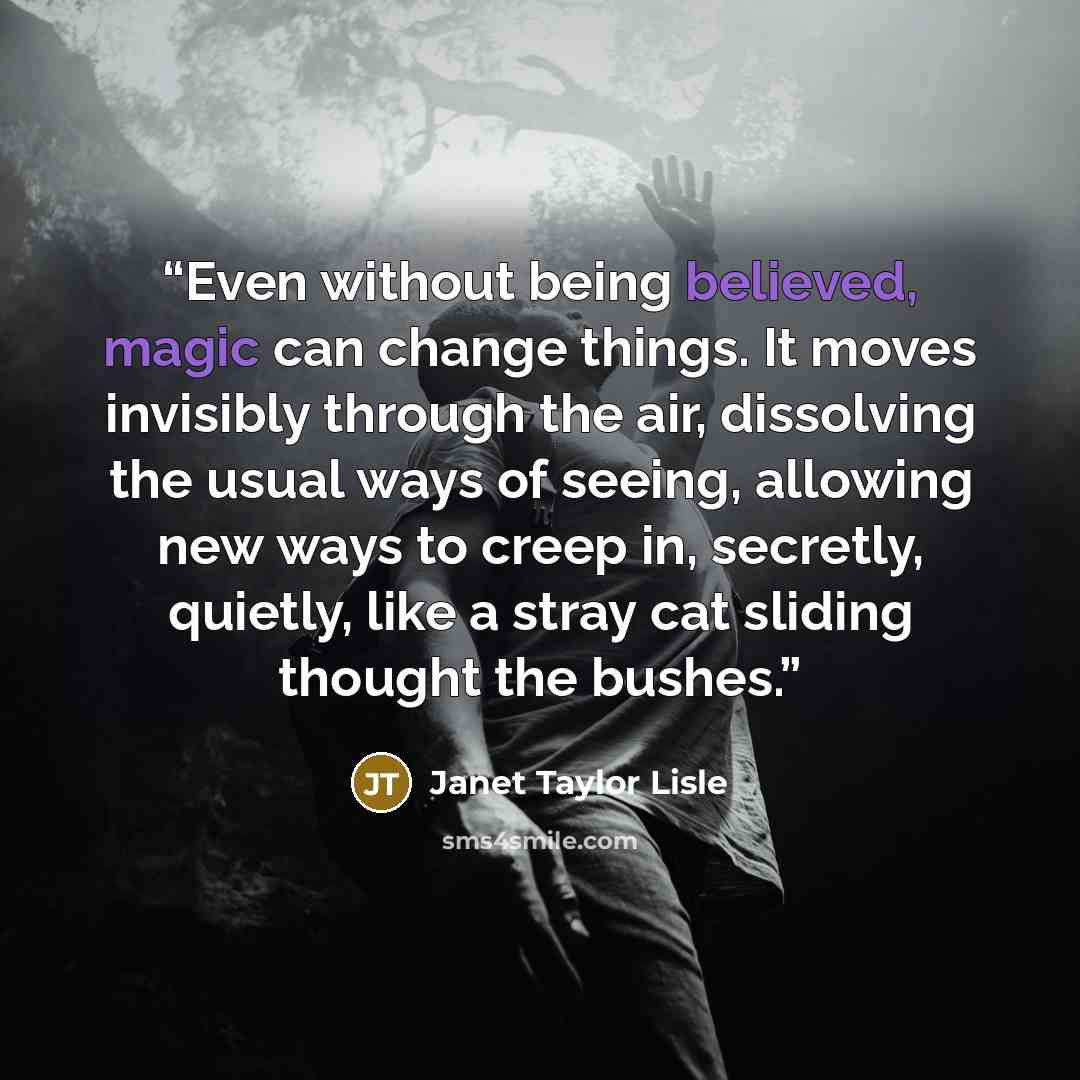 “Even without being believed, magic can change things. It moves invisibly through the air, dissolving the usual ways of seeing, allowing new ways to creep in, secretly, quietly, like a stray cat sliding thought the bushes.” quote by Janet Taylor Lisle