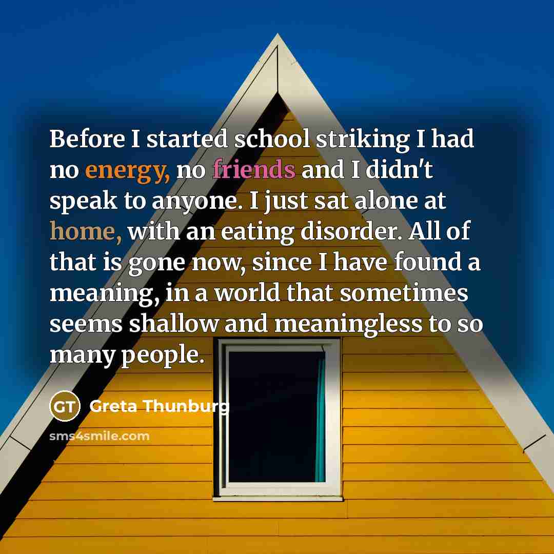 “Before I started school striking I had no energy, no friends and I didn't speak to anyone. I just sat alone at home, with an eating disorder. All of that is gone now, since I have found a meaning, in a world that sometimes seems shallow and meaningless to so many people.” quote by Greta Thunburg