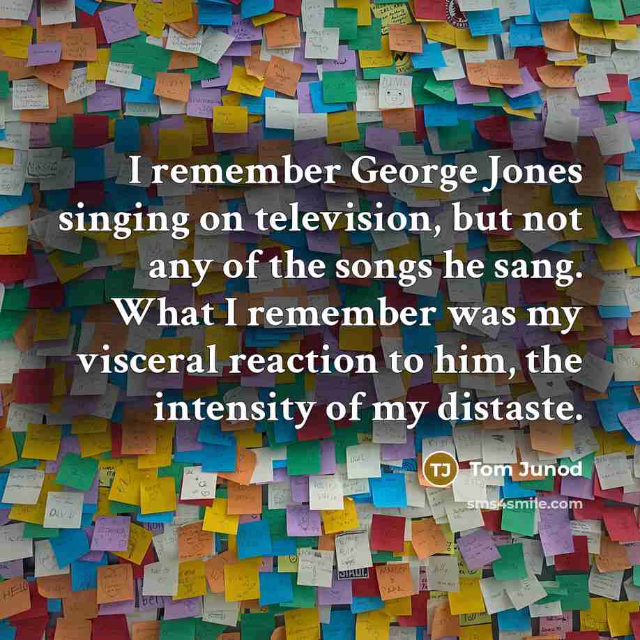 “I remember George Jones singing on television, but not any of the songs he sang. What I remember was my visceral reaction to him, the intensity of my distaste.” quote by Tom Junod