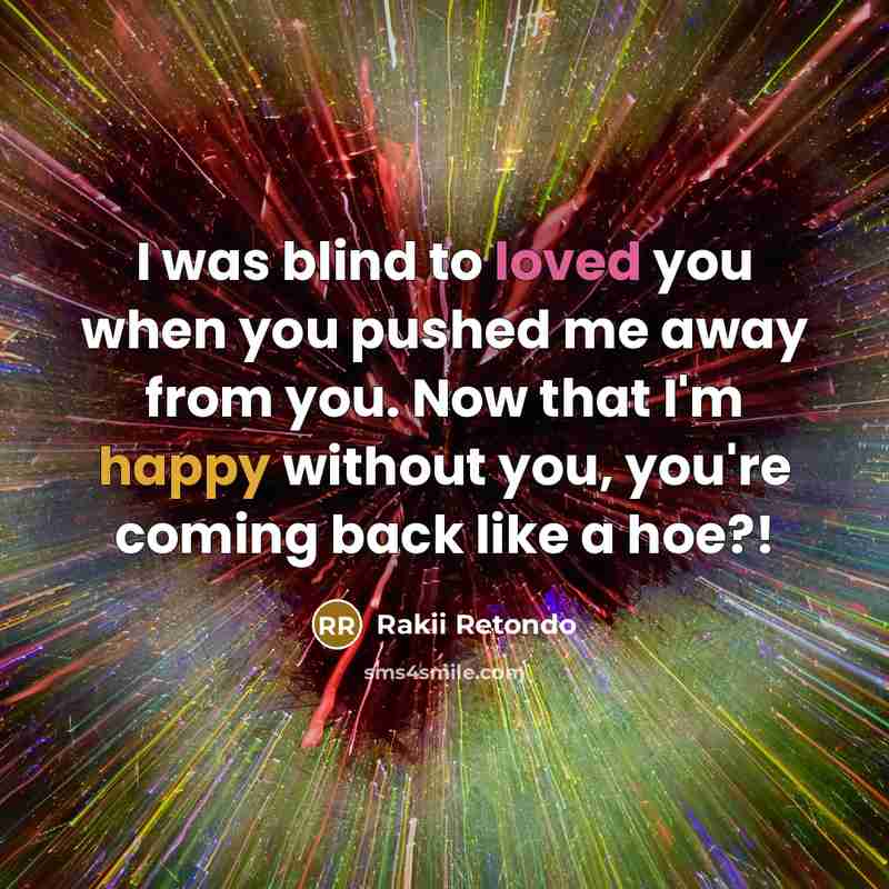 “I was blind to loved you when you pushed me away from you. Now that I'm happy without you, you're coming back like a hoe?!” quote by Rakii Retondo