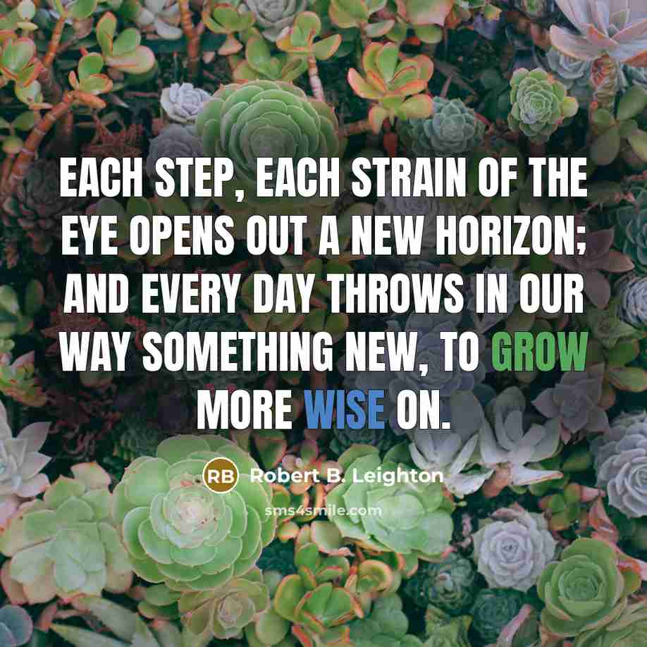“Each step, each strain of the eye Opens out a new horizon; And every day throws in our way Something new, to grow more wise on.” quote by Robert B. Leighton