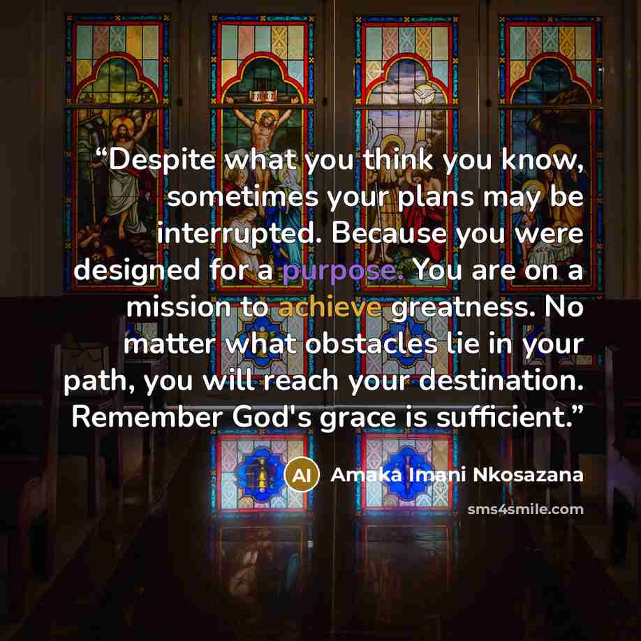 “Despite what you think you know, sometimes your plans may be interrupted. Because you were designed for a purpose. You are on a mission to achieve greatness. No matter what obstacles lie in your path, you will reach your destination. Remember God's grace is sufficient.” quote by Amaka Imani Nkosazana