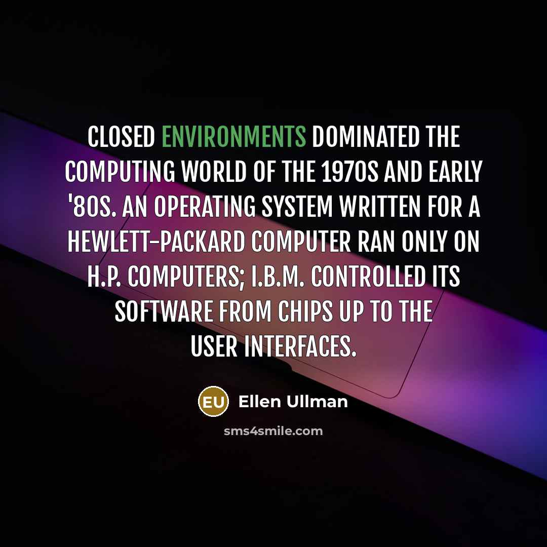 “Closed environments dominated the computing world of the 1970s and early '80s. An operating system written for a Hewlett-Packard computer ran only on H.P. computers; I.B.M. controlled its software from chips up to the user interfaces.” quote by Ellen Ullman