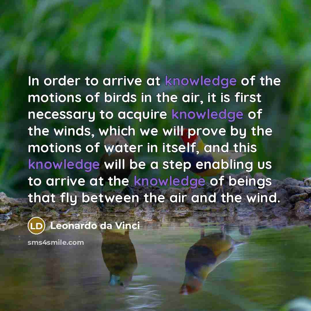 “In order to arrive at knowledge of the motions of birds in the air, it is first necessary to acquire knowledge of the winds, which we will prove by the motions of water in itself, and this knowledge will be a step enabling us to arrive at the knowledge of beings that fly between the air and the…” quote by Leonardo da Vinci
