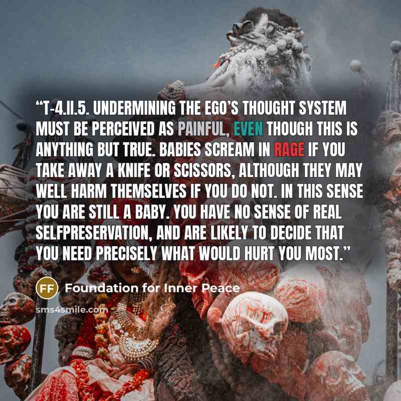 “T-4.II.5. Undermining the ego’s thought system must be perceived as painful, even though this is anything but true. Babies scream in rage if you take away a knife or scissors, although they may well harm themselves if you do not. In this sense you are still a baby. You have no sense of real…” quote by Foundation for Inner Peace